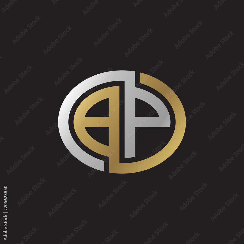 Initial letter BP, looping line, ellipse shape logo, silver gold color on black background Initial letter BP, looping line, ellipse shape logo, silver gold color on black background