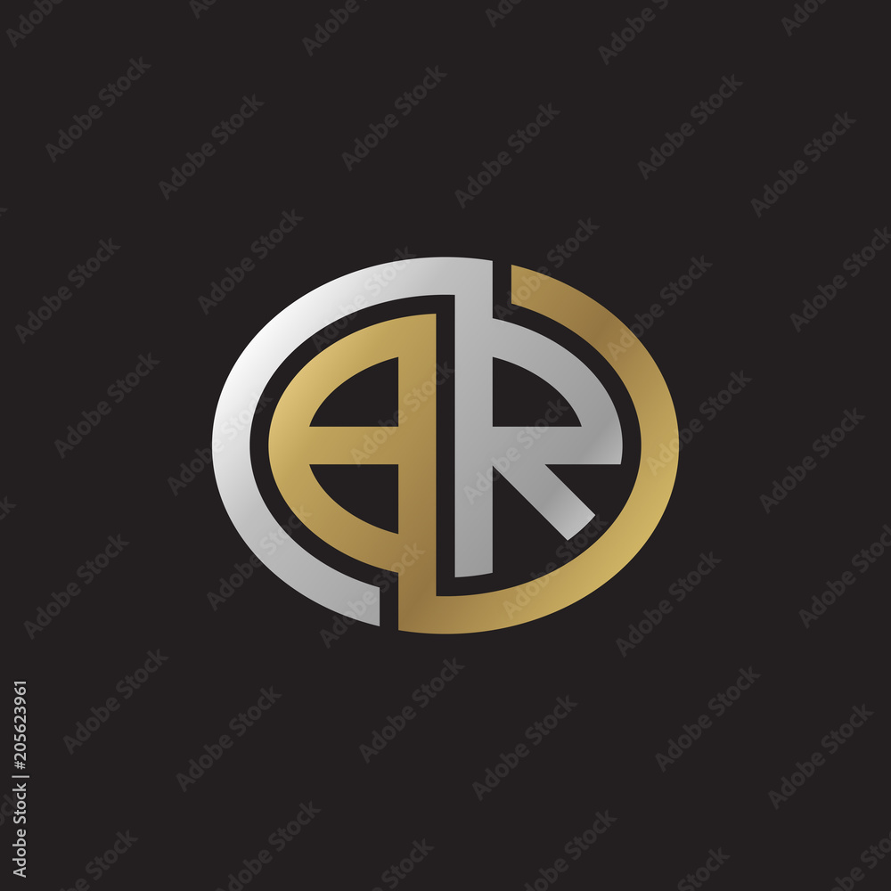 Initial letter BR, looping line, ellipse shape logo, silver gold color on black background Initial letter BR, looping line, ellipse shape logo, silver gold color on black background