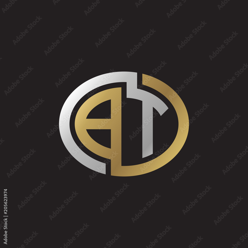 Initial letter BT, looping line, ellipse shape logo, silver gold color on black background Initial letter BT, looping line, ellipse shape logo, silver gold color on black background