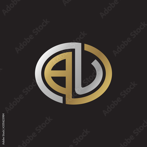 Initial letter BU, looping line, ellipse shape logo, silver gold color on black background