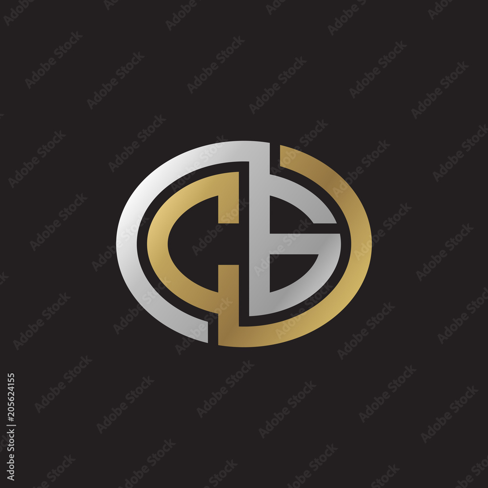 Initial letter CG, looping line, ellipse shape logo, silver gold color on black background Initial letter CG, looping line, ellipse shape logo, silver gold color on black background