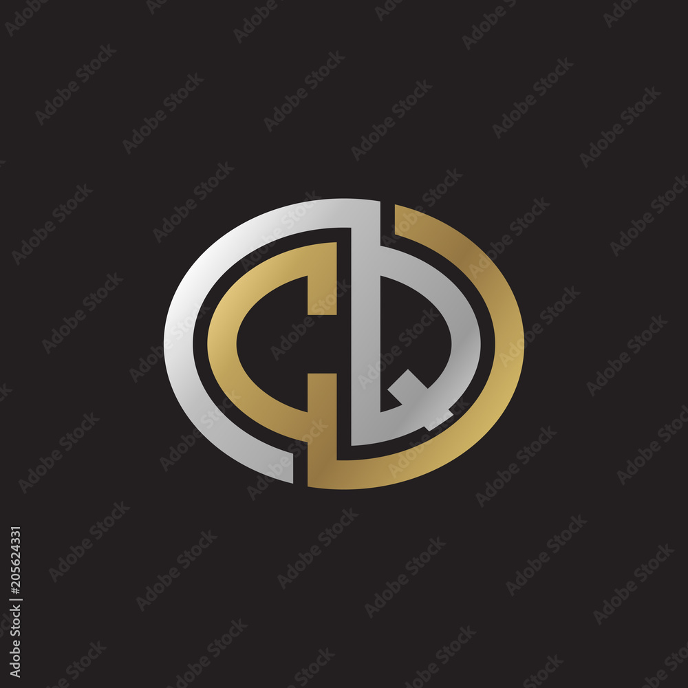 Initial letter CQ, looping line, ellipse shape logo, silver gold color on black background Initial letter CQ, looping line, ellipse shape logo, silver gold color on black background
