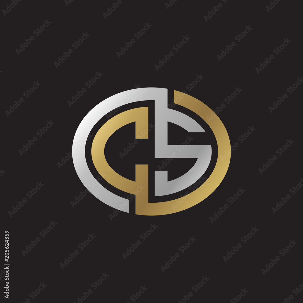 Initial letter CS, looping line, ellipse shape logo, silver gold color on black background Initial letter CS, looping line, ellipse shape logo, silver gold color on black background
