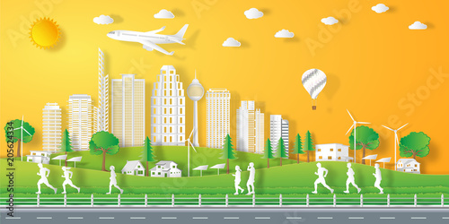 people exercise landscape in the city with sunset on summer, fresh air in the park as nature, healthy, paper art and craft style concept. vector illustration.