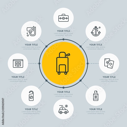 Circle network chart hotel, education, travel infographic template with 8 options for presentations, advertising, annual reports.