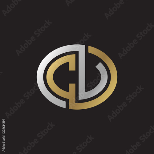 Initial letter CV, CU, looping line, ellipse shape logo, silver gold color on black background
