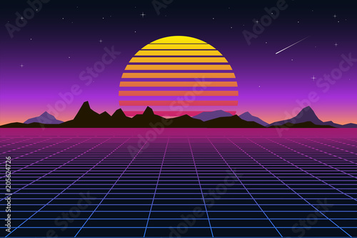 Retro background futuristic landscape 1980s style. Digital retro landscape cyber surface. Retro music album cover template sun, space, mountains .