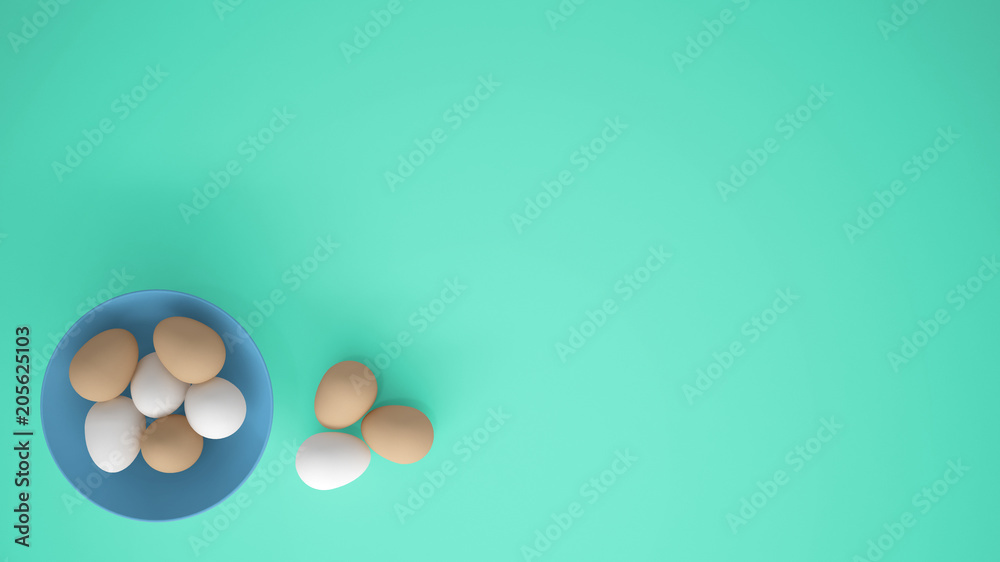 Chicken eggs into a blue cup on the table, turquoise background with copy space, breakfast easter food concept idea, top view Chicken eggs into a blue cup on the table, turquoise background with copy space, breakfast easter food concept idea, top view
