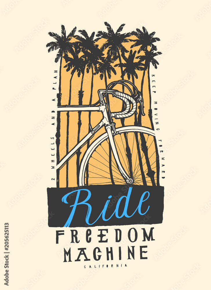 Obraz premium bicycle tropical palm-trees vintage typography t-shirt print - ride freedom machine
