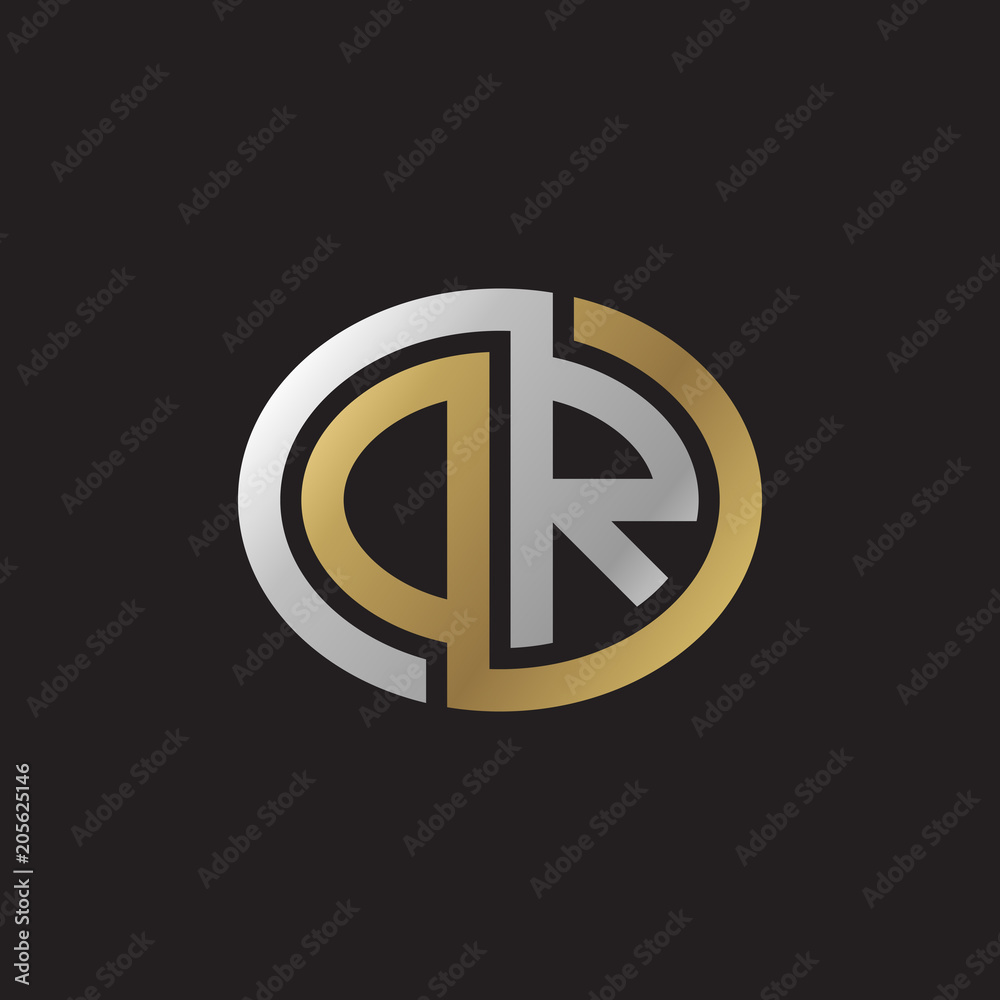 Initial letter DR, OR, looping line, ellipse shape logo, silver gold color on black background Initial letter DR, OR, looping line, ellipse shape logo, silver gold color on black background