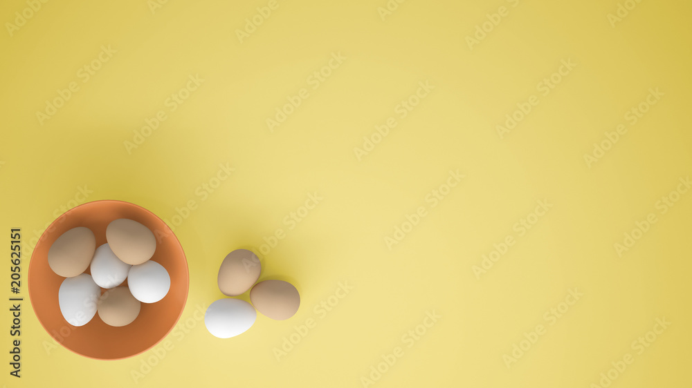 Chicken eggs into a orange cup on the table, yellow background with copy space, breakfast easter food concept idea, top view
