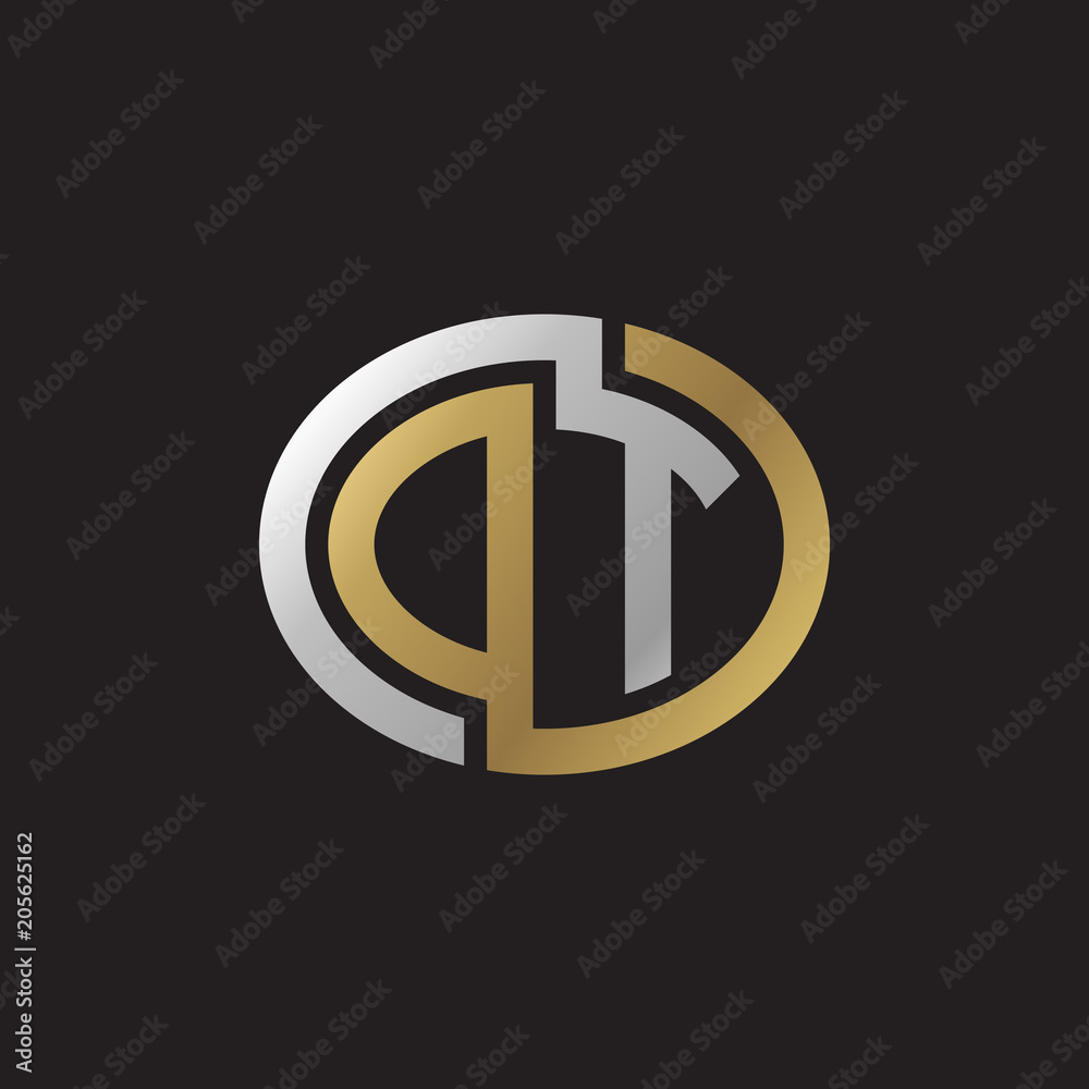 Initial letter DT, OT, looping line, ellipse shape logo, silver gold color on black background Initial letter DT, OT, looping line, ellipse shape logo, silver gold color on black background