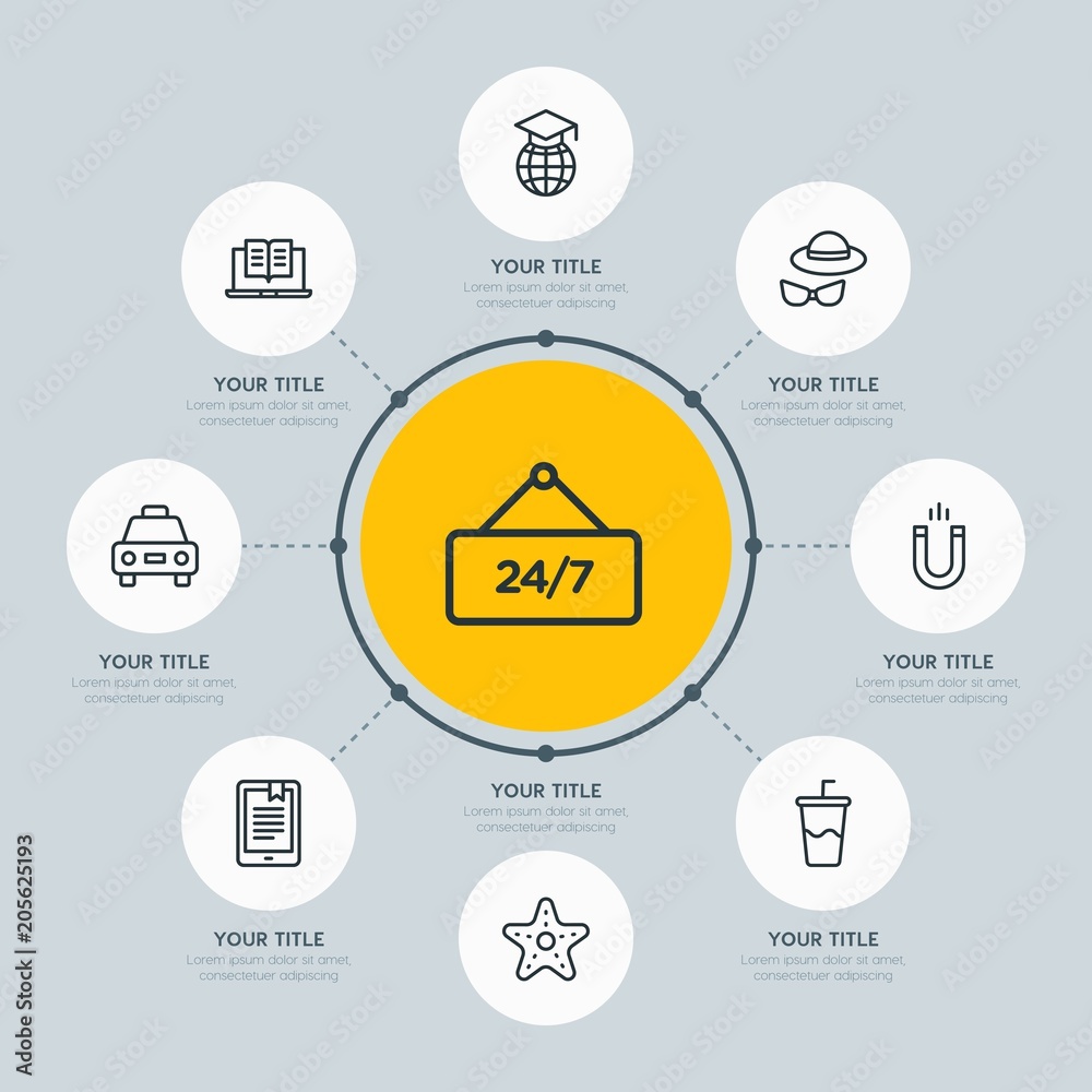 Circle network chart hotel, education, travel infographic template with 8 options for presentations, advertising, annual reports. Circle network chart hotel, education, travel infographic template with 8 options for presentations, advertising, annual reports.