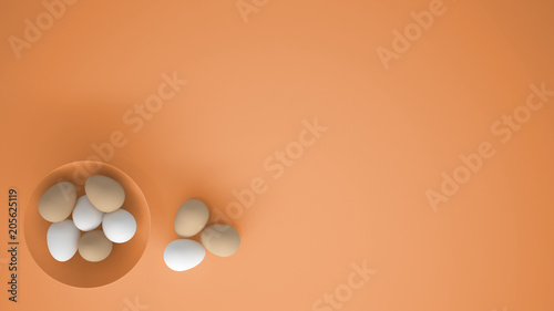 Chicken eggs into a orange cup on the table, orange background with copy space, breakfast easter food concept idea, top view