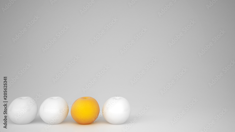 Outstanding OGM free orange contrasts with white oranges on white background with copy space, natural healthy fruit concept idea Outstanding OGM free orange contrasts with white oranges on white background with copy space, natural healthy fruit concept idea