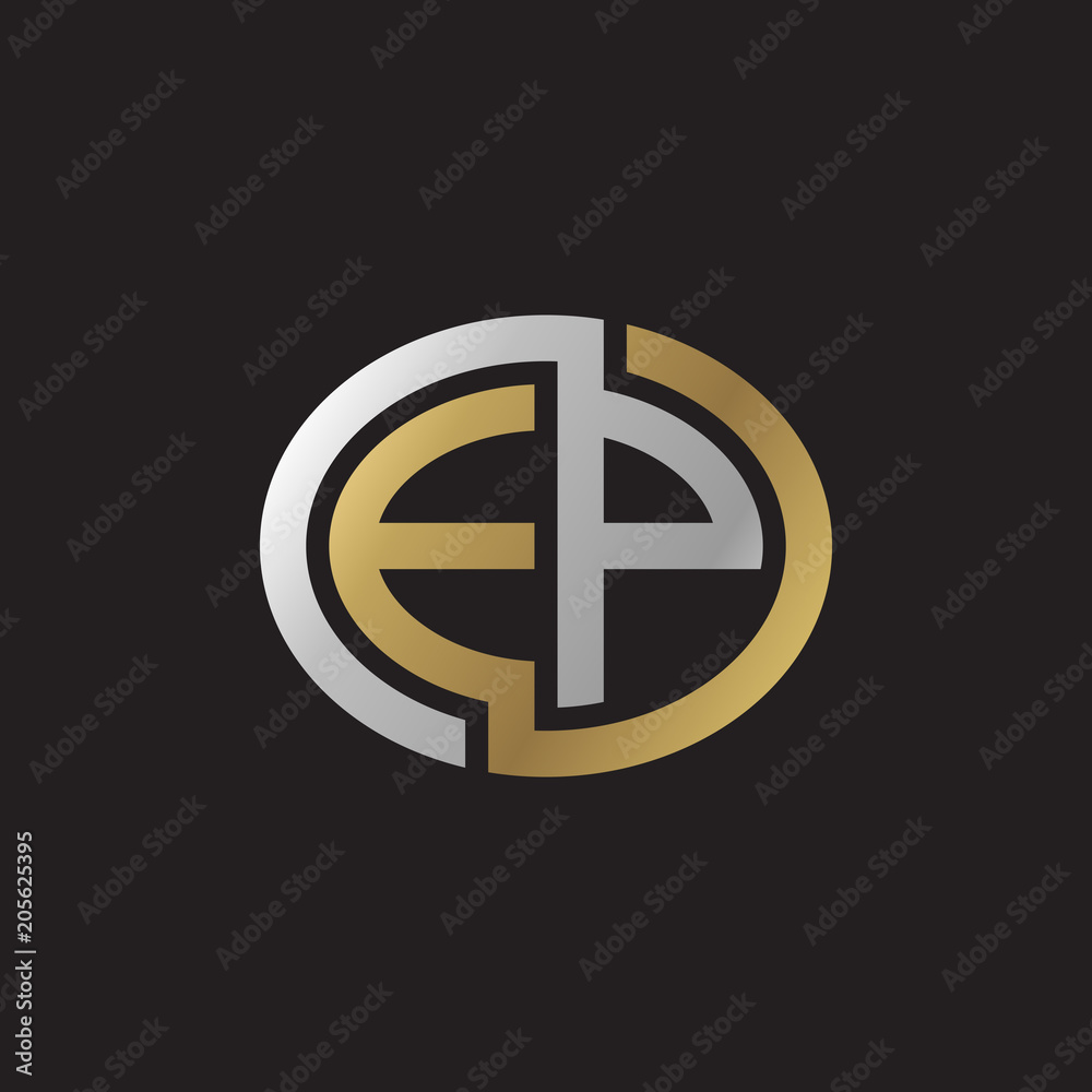 Initial letter EP, looping line, ellipse shape logo, silver gold color on black background Initial letter EP, looping line, ellipse shape logo, silver gold color on black background