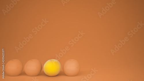 Outstanding OGM free orange contrasts with orange oranges on pastel background with copy space, natural healthy fruit concept idea
