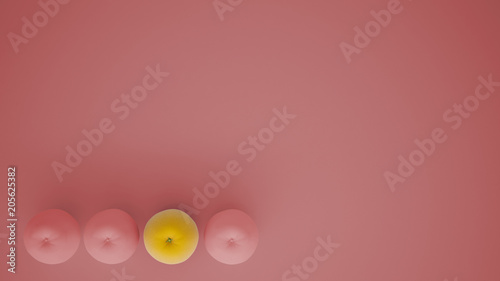 Outstanding OGM free orange contrasts with pink oranges on pastel background with copy space, natural healthy fruit concept idea, top view photo