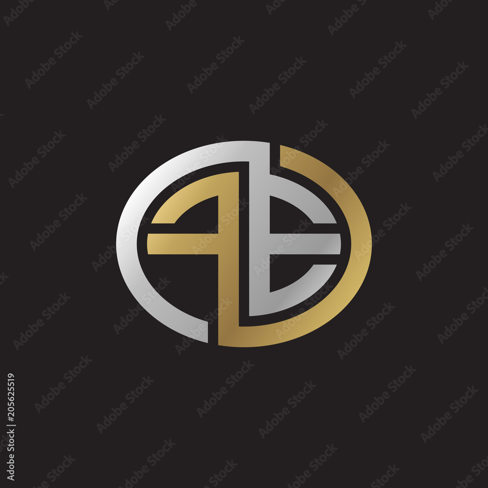 Initial letter FE, looping line, ellipse shape logo, silver gold color on black background Initial letter FE, looping line, ellipse shape logo, silver gold color on black background
