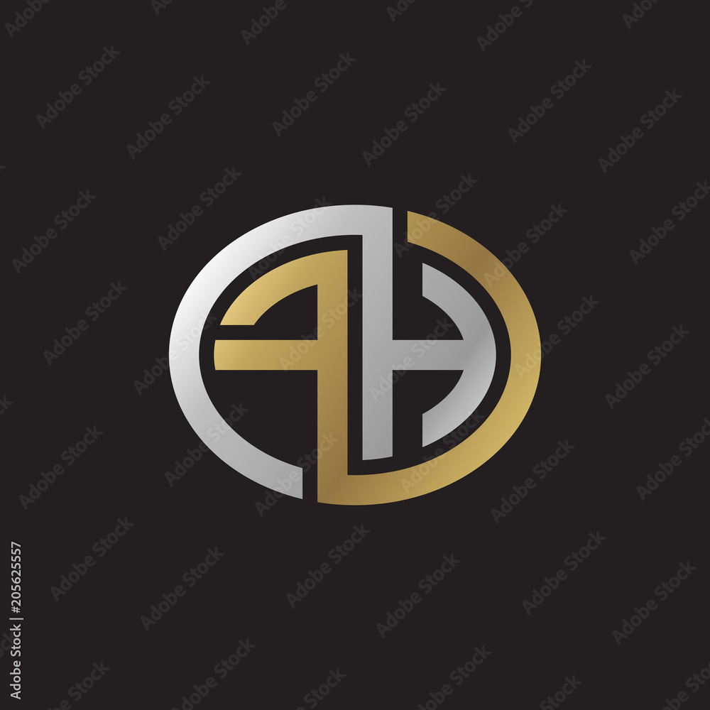 Initial letter FH, looping line, ellipse shape logo, silver gold color on black background Initial letter FH, looping line, ellipse shape logo, silver gold color on black background