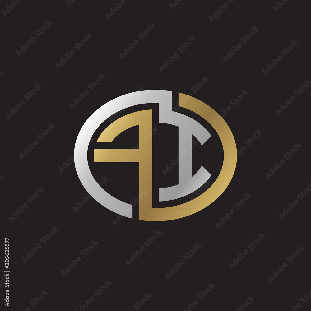 Initial letter FI, looping line, ellipse shape logo, silver gold color on black background Initial letter FI, looping line, ellipse shape logo, silver gold color on black background