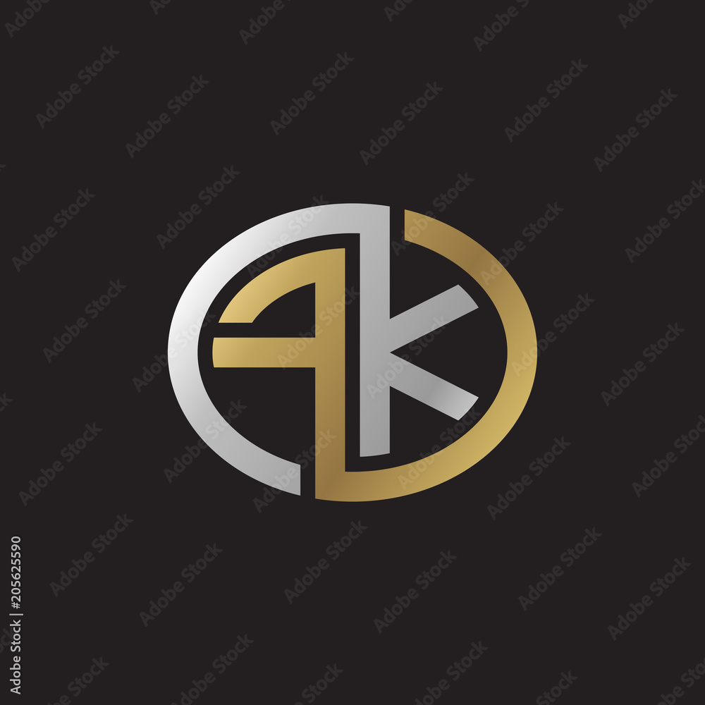 Initial letter FK, looping line, ellipse shape logo, silver gold color on black background Initial letter FK, looping line, ellipse shape logo, silver gold color on black background