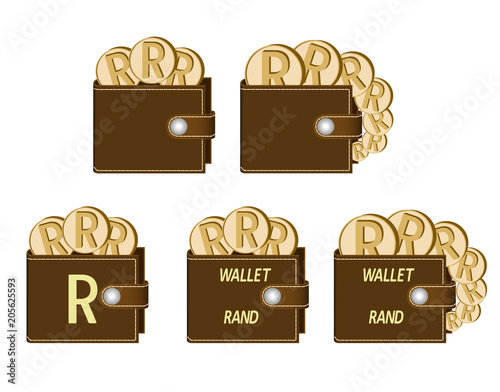 set of brown  wallets with rand coins
