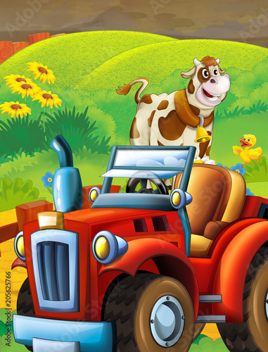 cartoon happy and sunny farm scene with tractor- for different usage - illustration for children