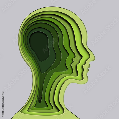 Layer of human head and Green brain isolated on gray background as business, science, ecology idea , paper carve art and craft style concept. vector illustration.