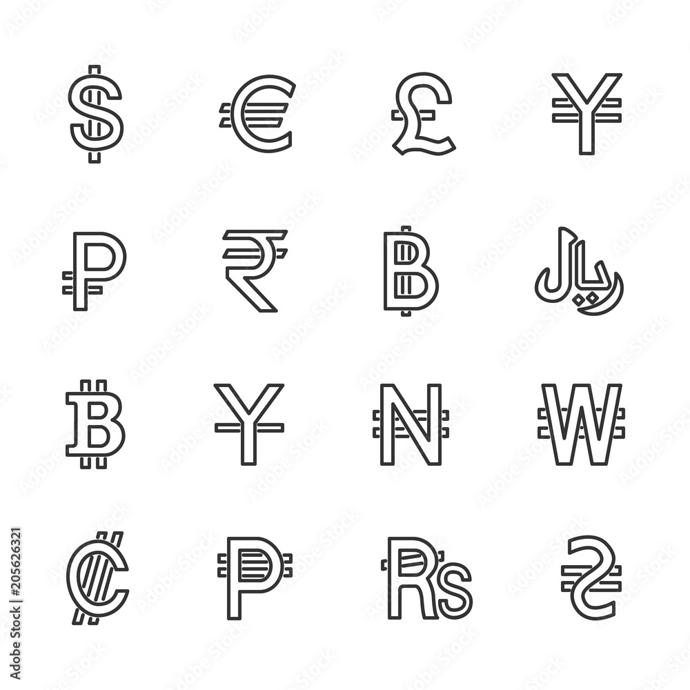 Vector image set to currency the line icons. Vector image set to currency the line icons.
