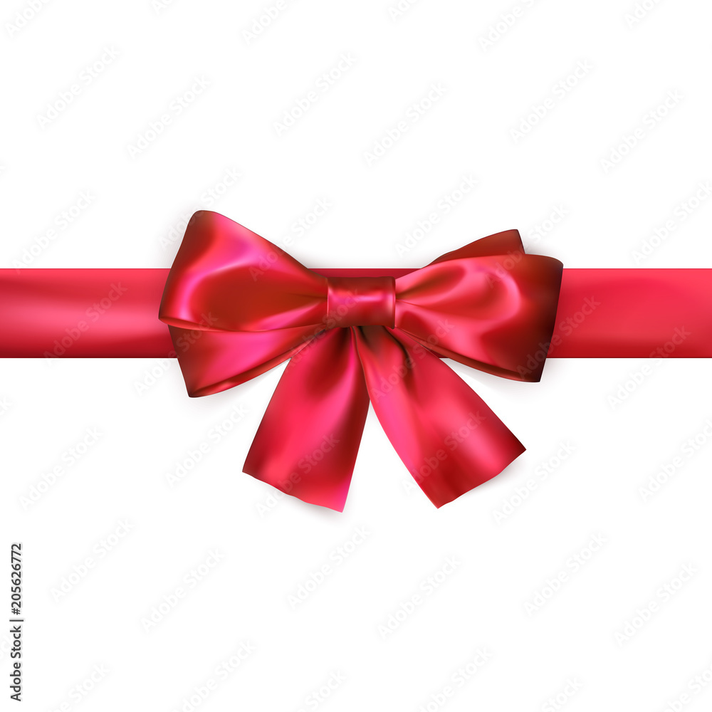 Fototapeta premium Red bow with ribbon isolated on white background. Realistic silk bow. Decoration for gifts and packing red bow. Vector illustration