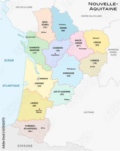 administrative and political vector map of the region Nouvelle-Aquitaine with flag