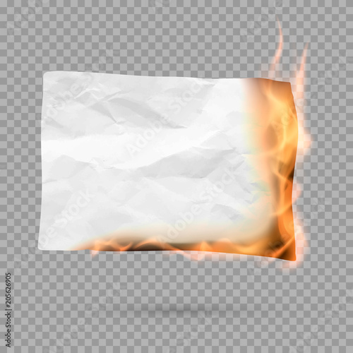 Burning piece of paper with copy space. crumpled paper blank. Vector illustration isolated on transparent background