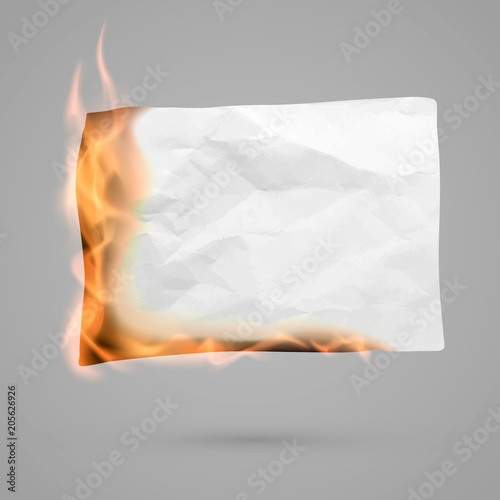 Burning piece of paper with copy space. crumpled paper blank. Crumpled paper texture in fire. Vector illustration isolated on transparent background