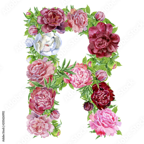 Letter R of watercolor flowers