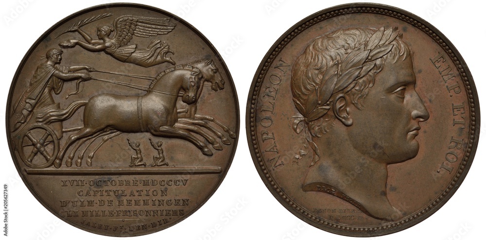 France French medal mid-19th century capitulation of Ulm in Memmingen to  Napoleon, Napoleon in chariot, winged female figure of Nike above, laureate  head of Napoleon right, Stock Photo | Adobe Stock