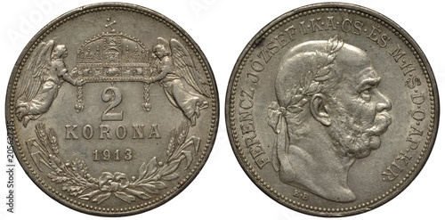 Hungary Hungarian coin two korona 1912, angel holding crown, plant decoration below, denomination in center, Franz Joseph I laureate head right, silver,