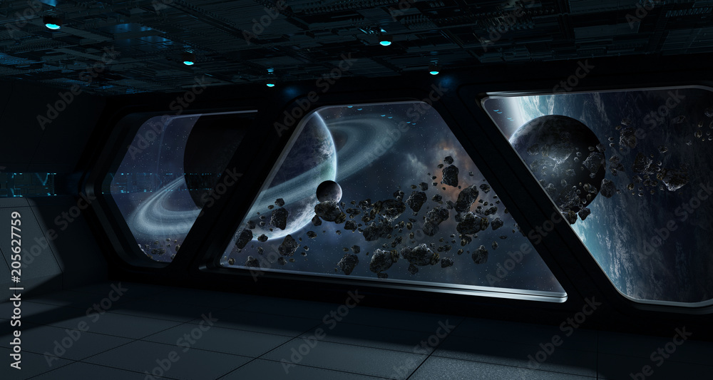 Naklejka premium Spaceship futuristic interior with view on exoplanet