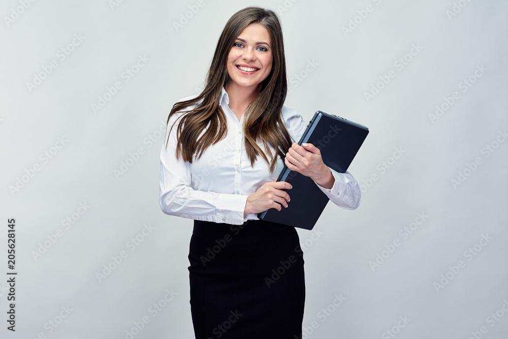 businesswoman holding laptop. Isolated portrait businesswoman holding laptop. Isolated portrait