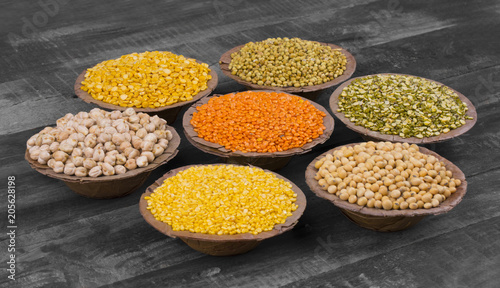 Collection of Seeds Food in Red Lentils, Masoor Dal, Coriander Seeds, Dhaniya, Split Chickpea, Chana Dal, Toor Daal, Chick Pea, Kabuli Chana, Yellow Split Dal, Mogar Daal, Black Eyed Peas, Mung Daal photo