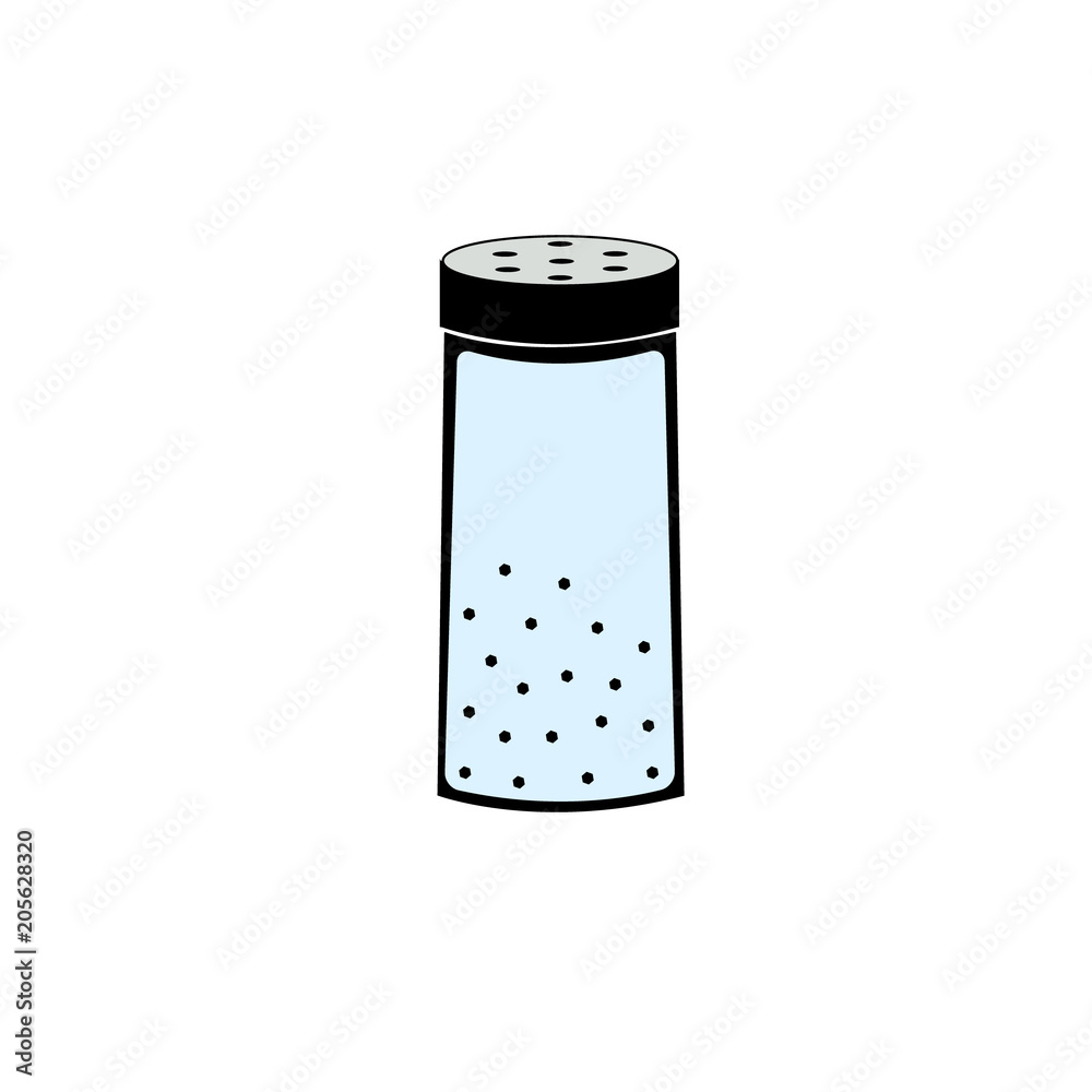 Transparent salt shaker with metal cap, salt inside. Transparent salt shaker with metal cap, salt inside.