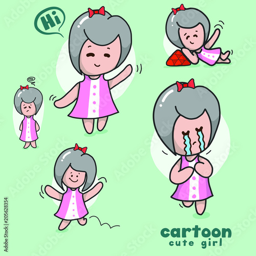 Cartoon girl In gestures on bright colour background
