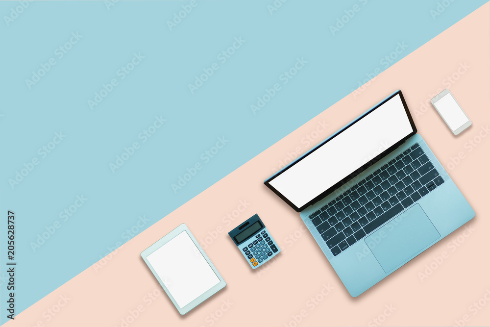 Top view Laptop tablet smartphone and calculator. Top view Laptop tablet smartphone and calculator.