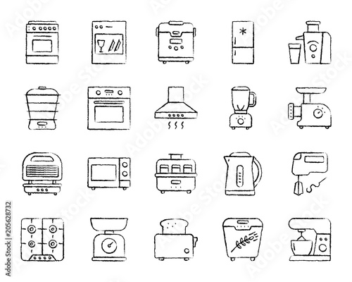 Kitchen Appliance charcoal line icons vector set