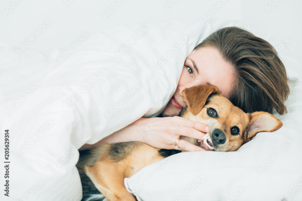 Beautiful excited young woman and her cute cur dog are fool around, looking at camera while lying covered with a blanket in bed. White background. Pet lover concept.