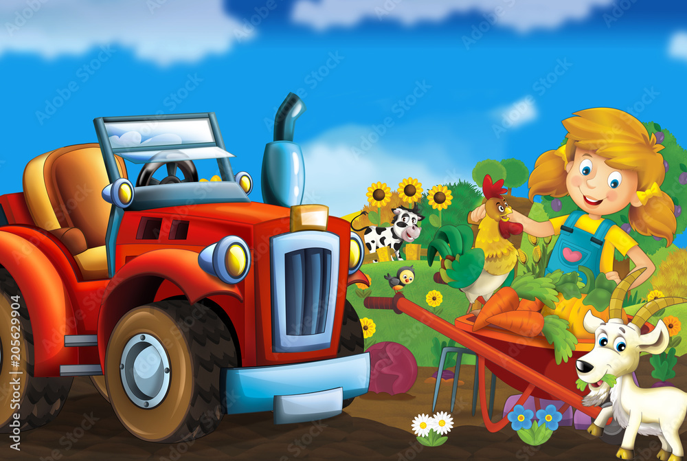 Obraz premium Cartoon scene with farm girl near some tractor for heavy duty tasks and some vegetables - illustration for children