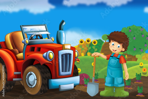 cartoon scene with tractor and farmer boy on a farm - vehicle for different tasks - illustration for children 