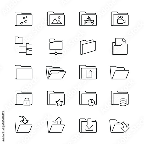 Folders related icons: thin vector icon set, black and white kit