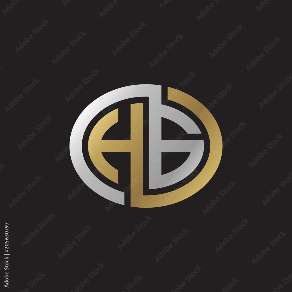 Initial letter HG, looping line, ellipse shape logo, silver gold color on black background Initial letter HG, looping line, ellipse shape logo, silver gold color on black background