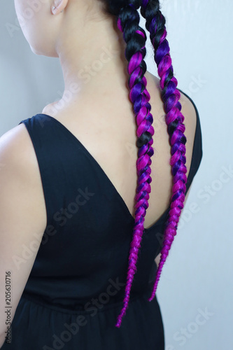 two thick braids of artificial hair, a youth hairdo, colored hair, purple, pink braids on a white background, place for an inscription